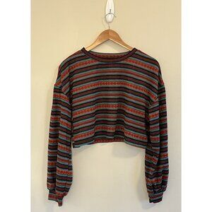 Zaful Women’s Knit Striped Boho‎ Cropped Top Long Sleeve Sz L